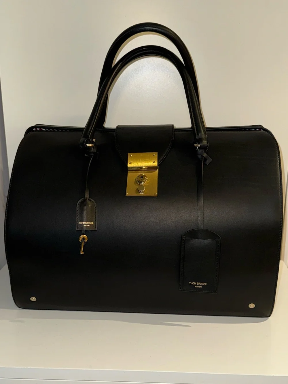 Thom Browne Black Leather Duffel with Gold-Tone Lock